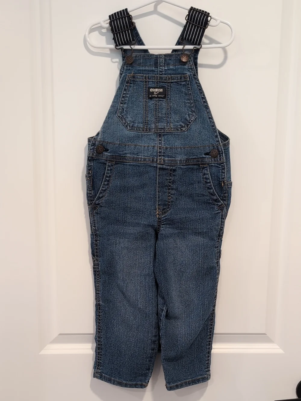 OshKosh B'gosh Denim Overalls - Blue with Striped Navy Straps